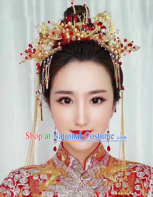 Chinese Ancient Handmade Xiuhe Suit Golden Phoenix Coronet Hairpins Hair Accessories for Women