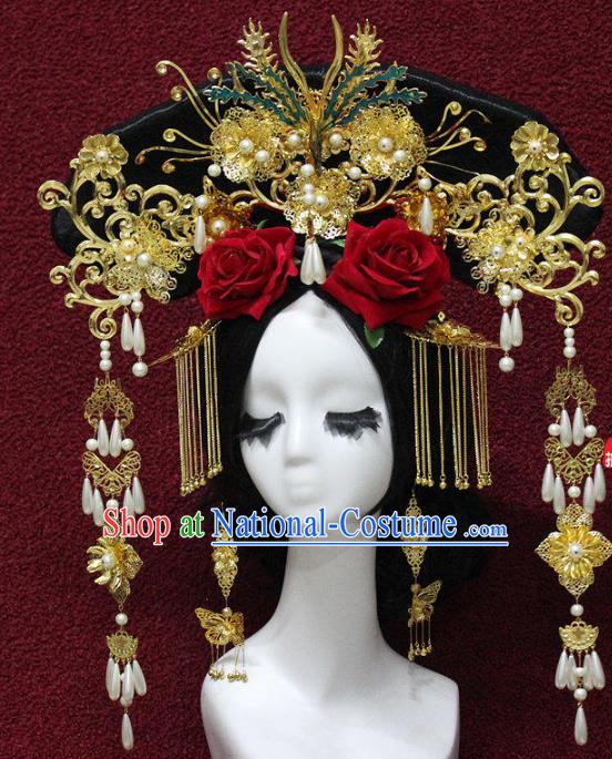 Chinese Ancient Handmade Qing Dynasty Queen Phoenix Coronet Hairpins Hair Accessories Step Shake Complete Set for Women