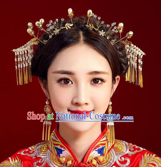 Chinese Ancient Handmade Bride Hairpins Hair Accessories Tassel Step Shake Complete Set for Women