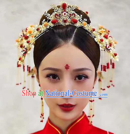 Chinese Ancient Handmade Phoenix Coronet Bride Tassel Hairpins Hair Accessories Complete Set for Women