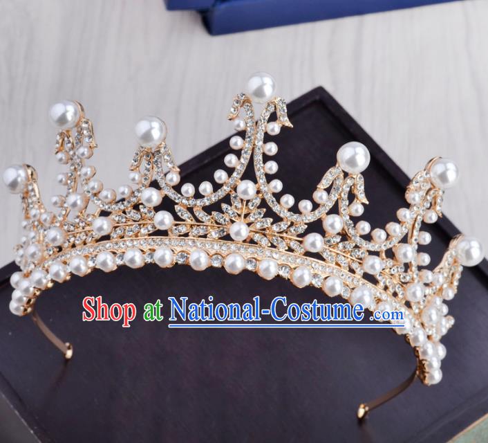 Handmade Baroque Bride Pearls Royal Crown Wedding Hair Jewelry Accessories for Women