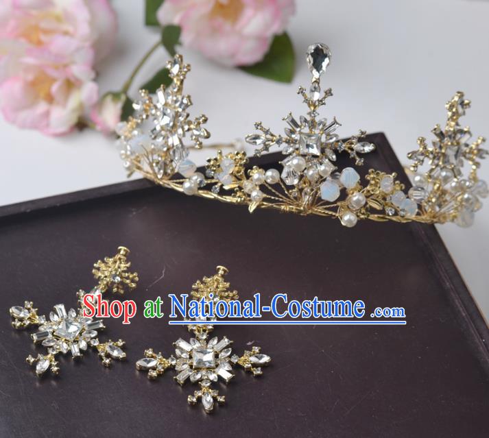 Handmade Baroque Bride Golden Crystal Royal Crown and Earrings Wedding Queen Hair Jewelry Accessories for Women