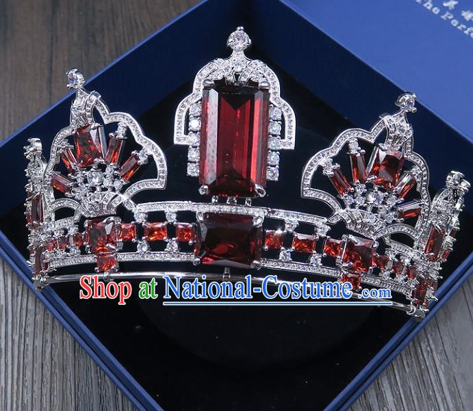 Handmade Baroque Bride Baroque Red Crystal Royal Crown Wedding Queen Hair Jewelry Accessories for Women