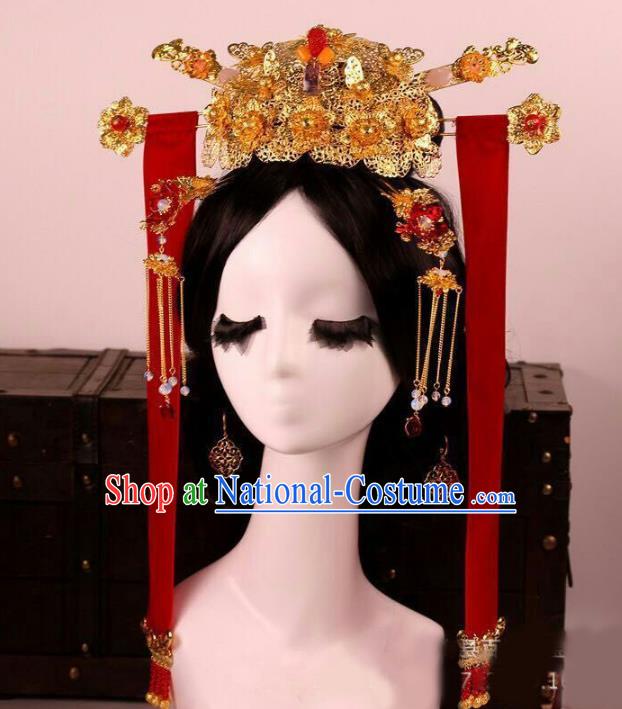 Chinese Ancient Handmade Hairpins Bride Phoenix Coronet Hair Accessories Complete Set for Women