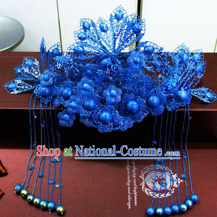 Chinese Ancient Handmade Empress Blue Phoenix Coronet Bride Hair Accessories Headwear for Women