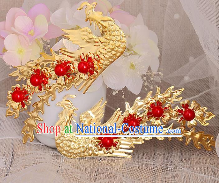 Chinese Ancient Handmade Red Beads Phoenix Hairpins Bride Hair Accessories Headwear for Women