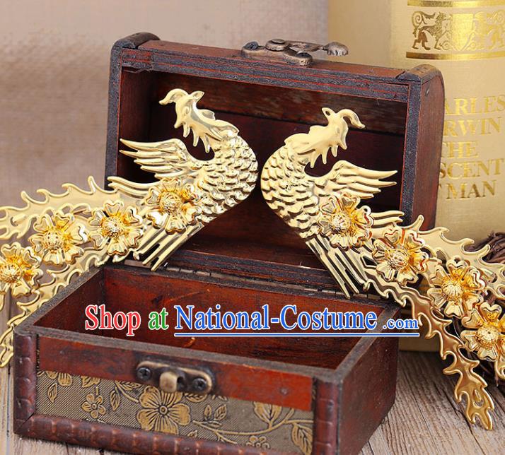 Chinese Ancient Handmade Golden Beads Phoenix Hairpins Bride Hair Accessories Headwear for Women