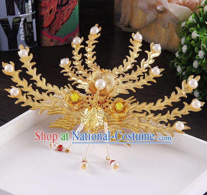 Chinese Ancient Handmade Golden Phoenix Tassel Hairpins Bride Hair Accessories Headwear for Women