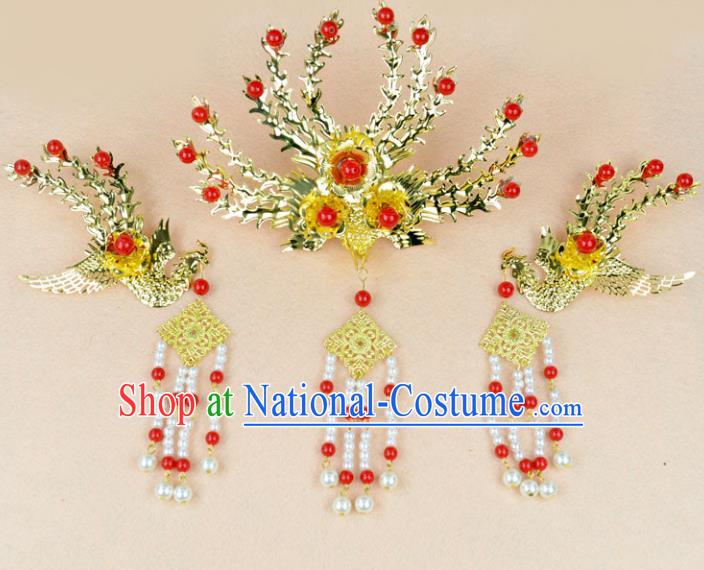 Chinese Ancient Handmade Golden Step Shake Phoenix Hairpins Bride Hair Accessories Headwear for Women