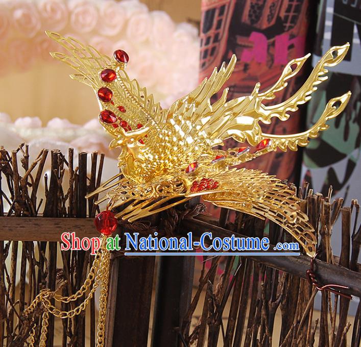 Chinese Ancient Handmade Golden Phoenix Hair Comb Hairpins Bride Hair Accessories Headwear for Women