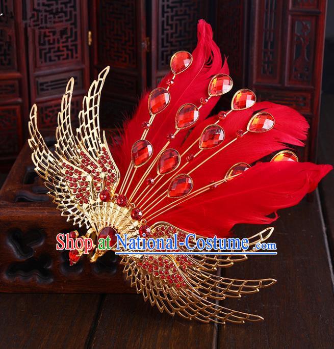 Chinese Ancient Handmade Red Feather Phoenix Hair Comb Hairpins Bride Hair Accessories Headwear for Women