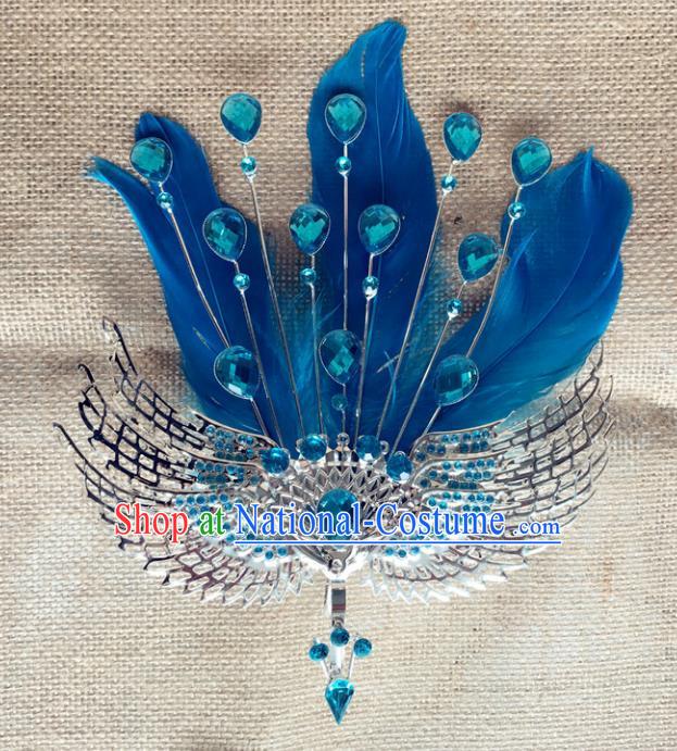 Chinese Ancient Handmade Blue Feather Phoenix Hair Comb Hairpins Bride Hair Accessories Headwear for Women