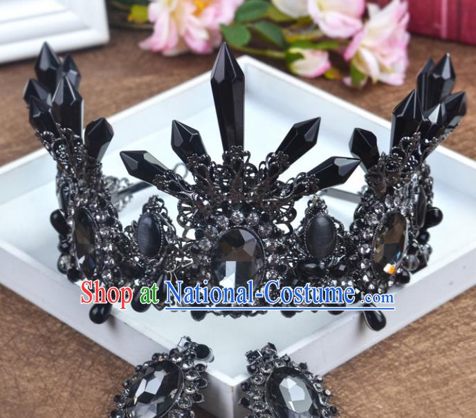 Handmade Baroque Queen Black Crystal Royal Crown Wedding Bride Hair Jewelry Accessories for Women