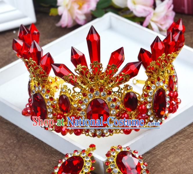 Handmade Baroque Queen Red Crystal Royal Crown Wedding Bride Hair Jewelry Accessories for Women