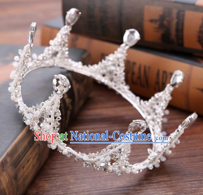 Handmade Baroque Queen Crystal Beads Round Royal Crown Wedding Bride Hair Jewelry Accessories for Women