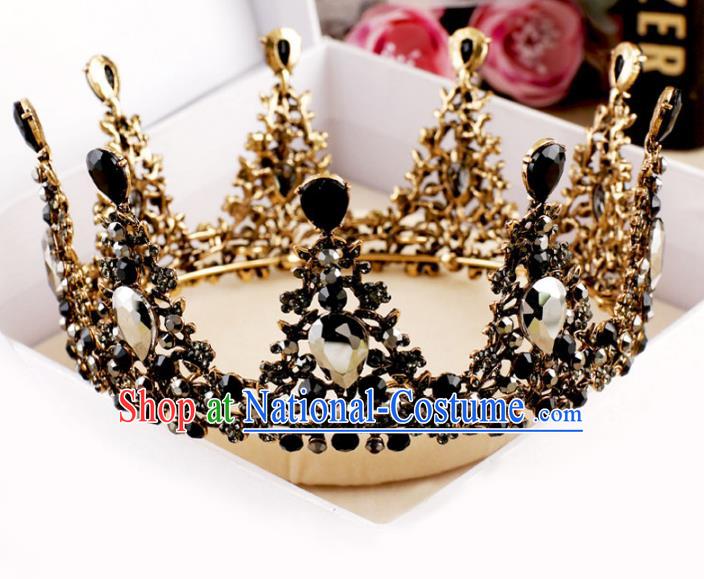 Handmade Baroque Queen Crystal Black Round Royal Crown Wedding Bride Hair Jewelry Accessories for Women