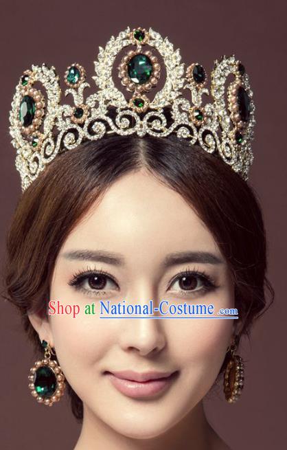 Handmade Baroque Queen Green Crystal Round Royal Crown Wedding Bride Hair Jewelry Accessories for Women