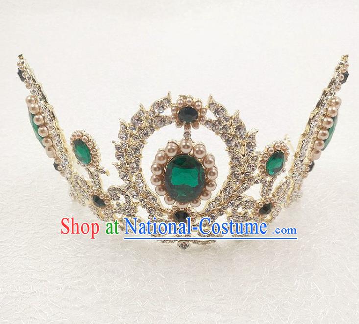 Handmade Baroque Queen Green Crystal Royal Crown Wedding Bride Hair Jewelry Accessories for Women