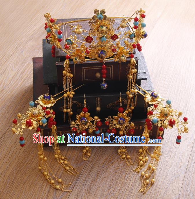 Chinese Ancient Handmade Hairpins Bride Phoenix Coronet Hair Accessories Complete Set for Women