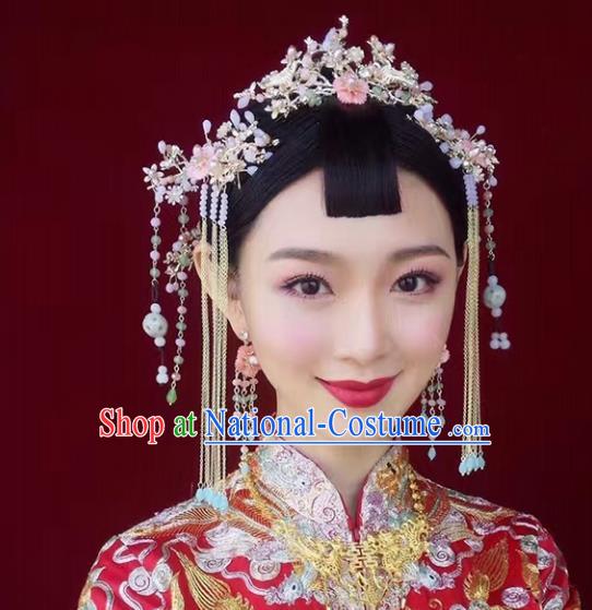 Chinese Ancient Handmade Pink Flowers Hair Clasp Hairpins Bride Hair Accessories Headwear for Women