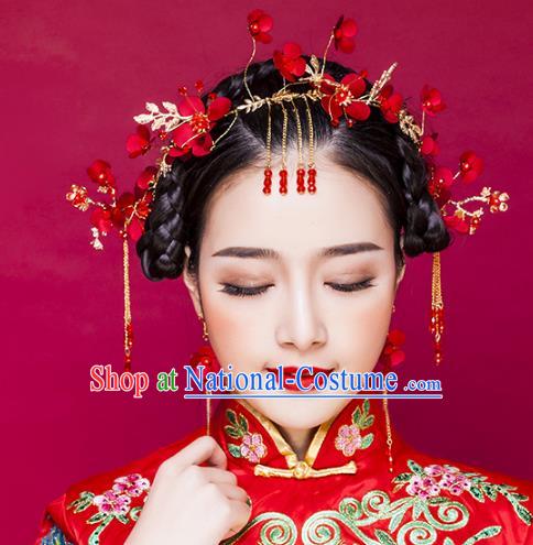 Chinese Ancient Handmade Red Flowers Hair Clasp Hairpins Bride Hair Accessories Headwear for Women