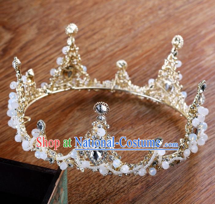 Handmade Baroque Queen Crystal Beads Round Royal Crown Wedding Bride Hair Jewelry Accessories for Women