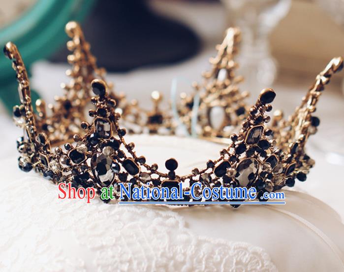 Handmade Wedding Baroque Queen Black Round Royal Crown Bride Hair Jewelry Accessories for Women