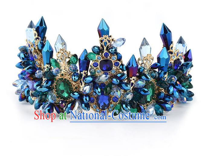 Handmade Baroque Bride Baroque Blue Crystal Royal Crown Wedding Queen Hair Jewelry Accessories for Women