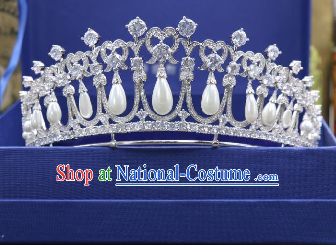 Handmade Wedding Baroque Queen Zircon Pearls Royal Crown Bride Hair Jewelry Accessories for Women