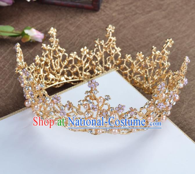 Top Grade Handmade Baroque Bride Golden Round Royal Crown Wedding Hair Jewelry Accessories for Women