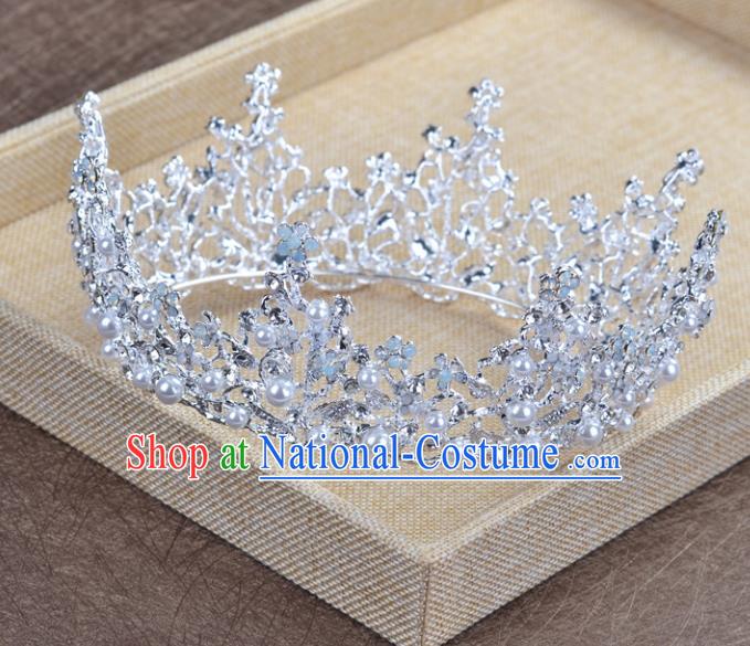 Top Grade Handmade Baroque Bride White Round Royal Crown Wedding Hair Jewelry Accessories for Women