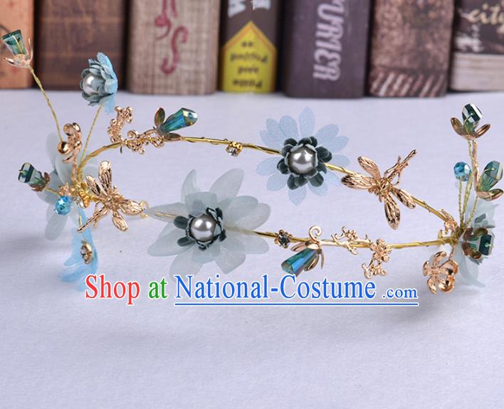 Handmade Baroque Bride Blue Flowers Dragonfly Hair Clasp Wedding Hair Jewelry Accessories for Women