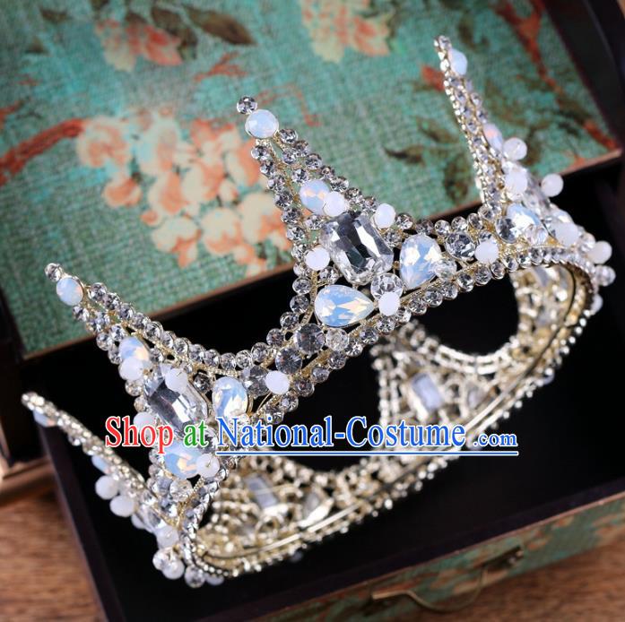 Handmade Wedding Baroque Queen Crystal Opal Royal Crown Bride Hair Jewelry Accessories for Women