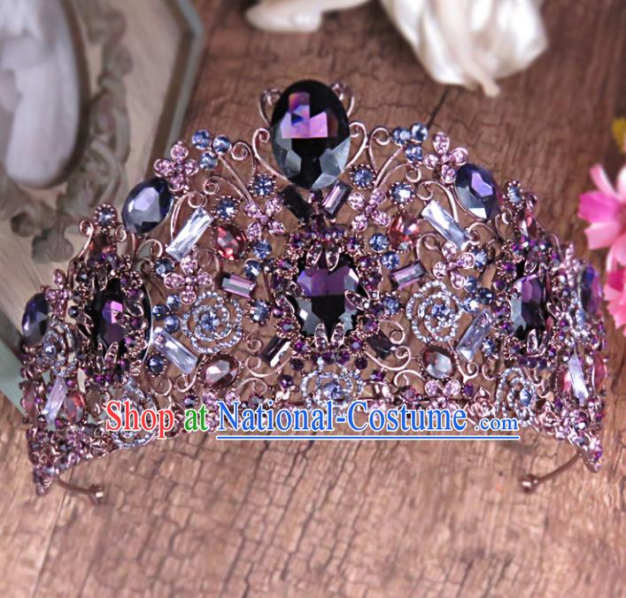 Top Grade Handmade Baroque Bride Purple Crystal Royal Crown Wedding Hair Jewelry Accessories for Women