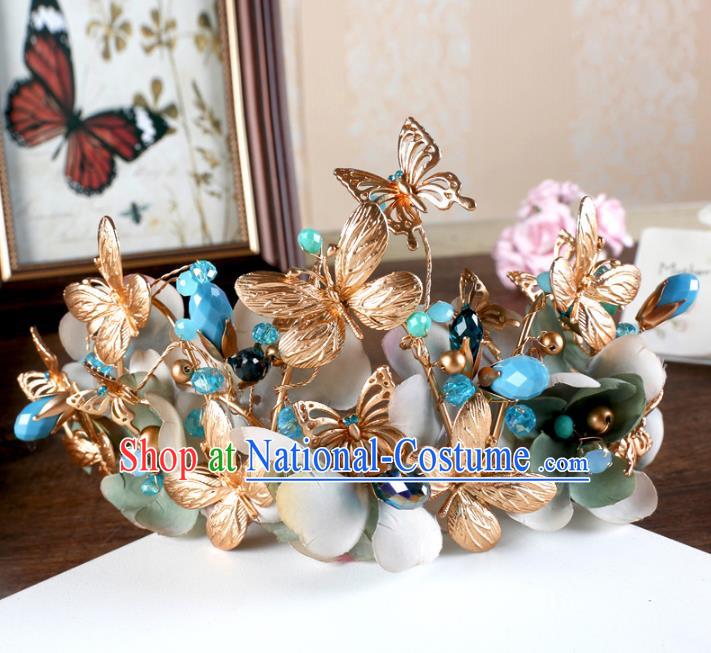 Top Grade Handmade Baroque Golden Butterfly Royal Crown Wedding Bride Hair Jewelry Accessories for Women