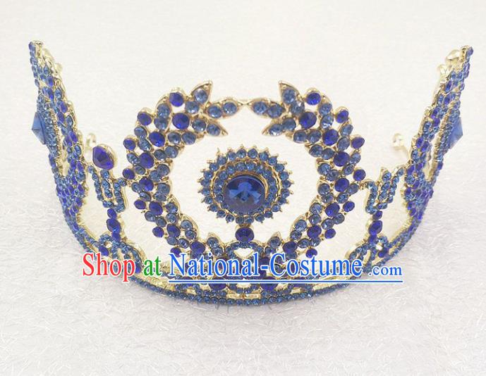 Top Grade Handmade Baroque Blue Crystal Royal Crown Wedding Bride Hair Jewelry Accessories for Women