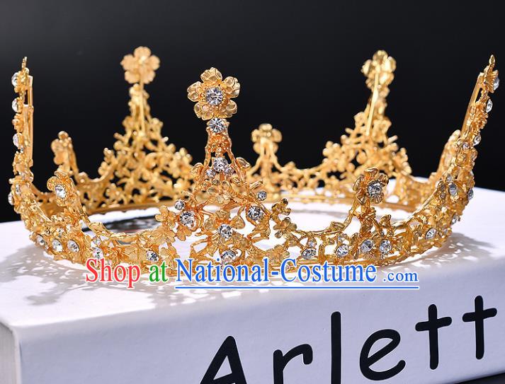 Handmade Wedding Baroque Queen Golden Crystal Royal Crown Bride Hair Jewelry Accessories for Women