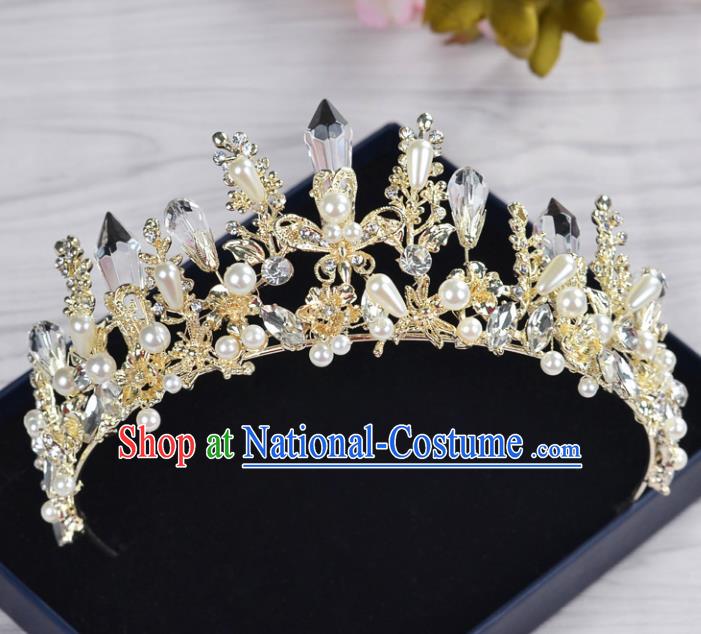 Handmade Wedding Baroque Queen Golden Crystal Pearls Royal Crown Bride Hair Jewelry Accessories for Women