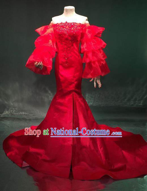 Top Grade Catwalks Costume Stage Performance Model Show Red Trailing Dress for Women