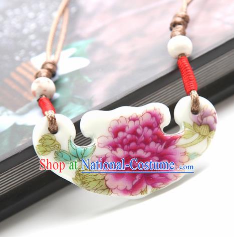 Top Grade Chinese Handmade Printing Peony Jingdezhen Ceramics Necklace for Women