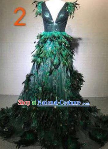 Top Grade Catwalks Costume Stage Performance Model Show Customized Green Feather Dress for Women