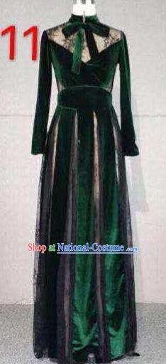 Top Grade Catwalks Customized Costume Green Velvet Dress Stage Performance Model Show Clothing for Women