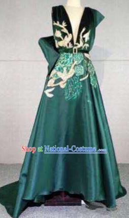 Top Grade Catwalks Customized Costume Green Silk Dress Stage Performance Model Show Clothing for Women