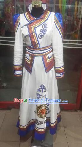 Chinese Traditional Folk Dance Costume Mongol Nationality White Dress for Women