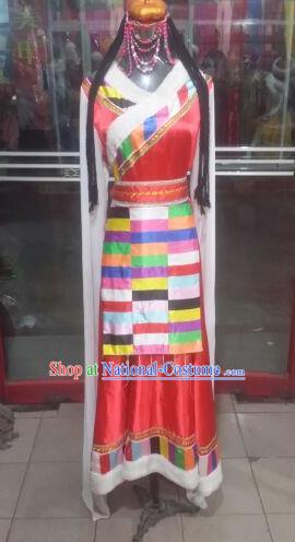 Chinese Traditional Tibetan Folk Dance Costume China Zang Nationality Red Dress for Women