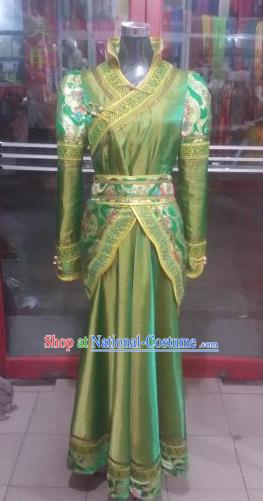 Chinese Traditional Mongolian Folk Dance Costume China Mongol Nationality Green Dress for Women