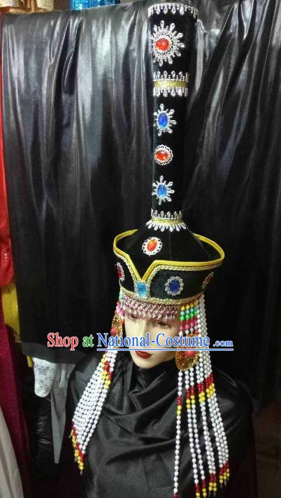 Chinese Traditional Mongolian Princess Black Hats China Mongol Nationality Wedding Headwear for Women