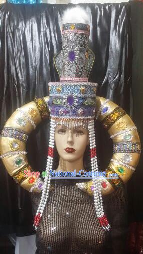 Traditional Chinese Mongol Nationality Dancing Costume Mongols Female Folk Dance Headwear Mongolian Minority Embroidery Costume