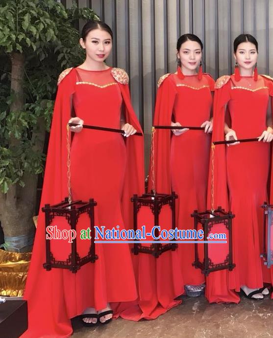 Top Grade Catwalks Costume Chinese Stage Performance Model Show Red Dress for Women