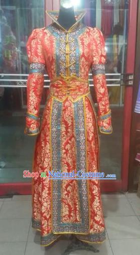 Chinese Traditional Mongolian Folk Dance Costume China Mongol Nationality Red Dress for Women